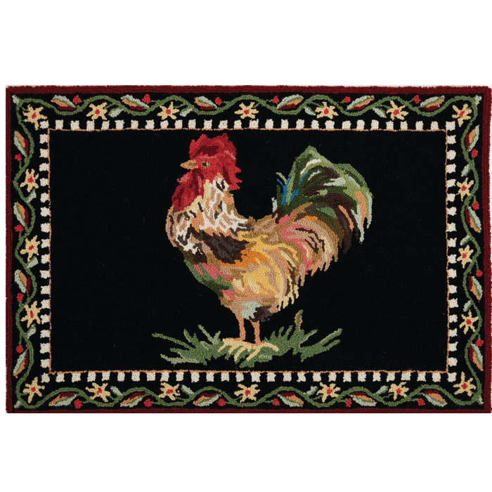 August Grove Turin Country Rooster HandHooked Wool Black/Red Area Rug Wayfair